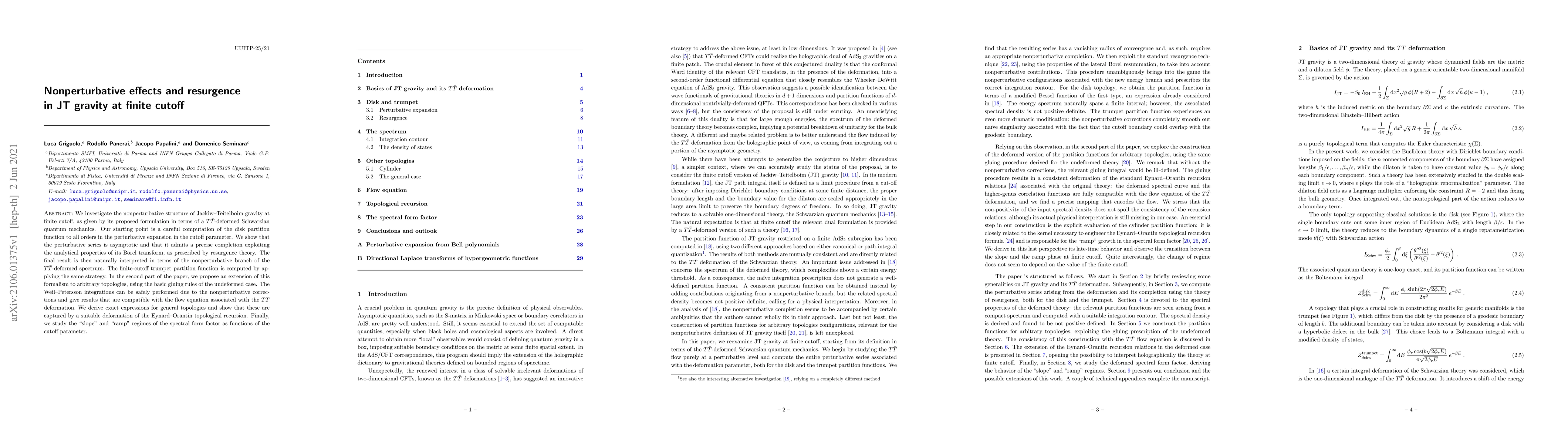 Thumbnail for Nonperturbative effects and resurgence in JT gravity at finite cutoff
