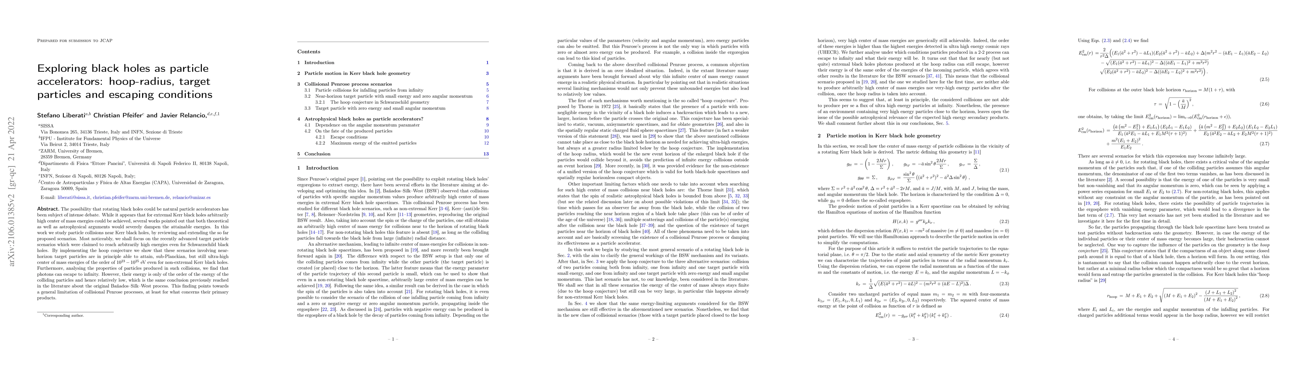 Thumbnail for Exploring black holes as particle accelerators: hoop-radius, target
  particles and escaping conditions