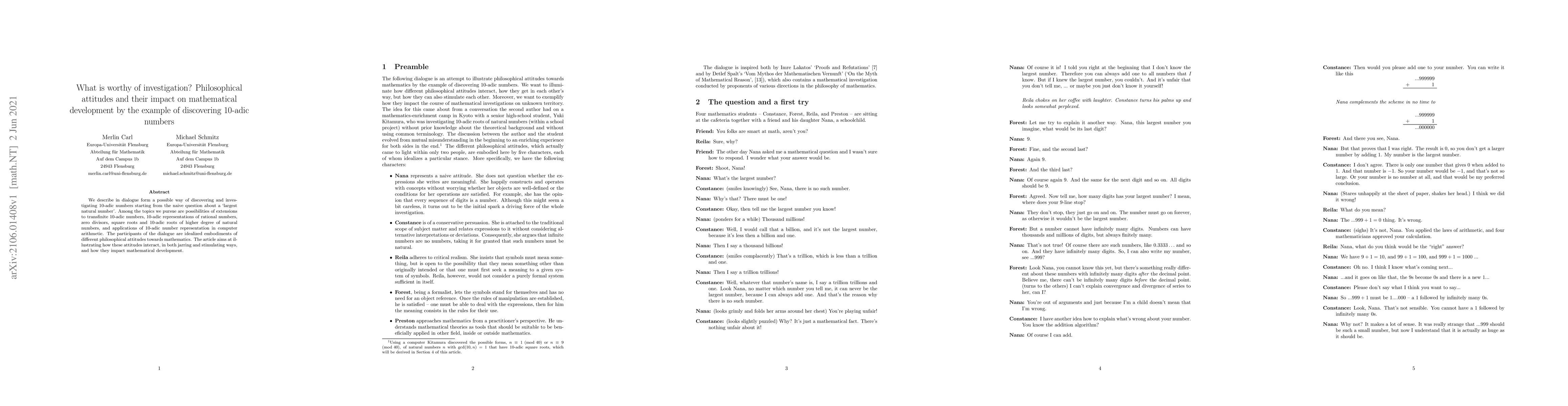 Thumbnail for What is worthy of investigation? Philosophical attitudes and their
  impact on mathematical development by the example of discovering 10-adic
  numbers
