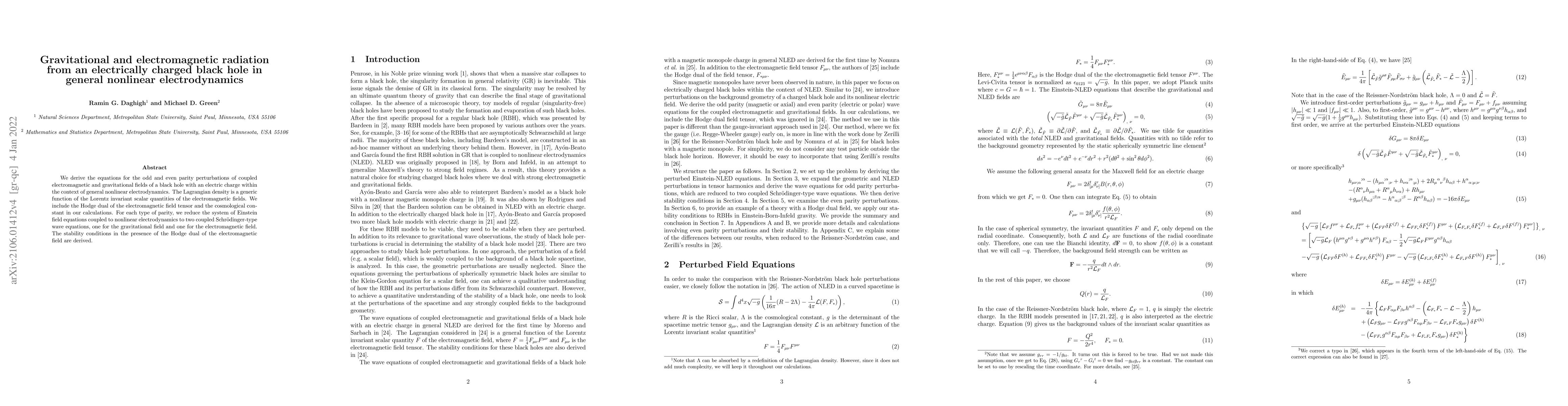Thumbnail for Gravitational and electromagnetic radiation from an electrically charged
  black hole in general nonlinear electrodynamics