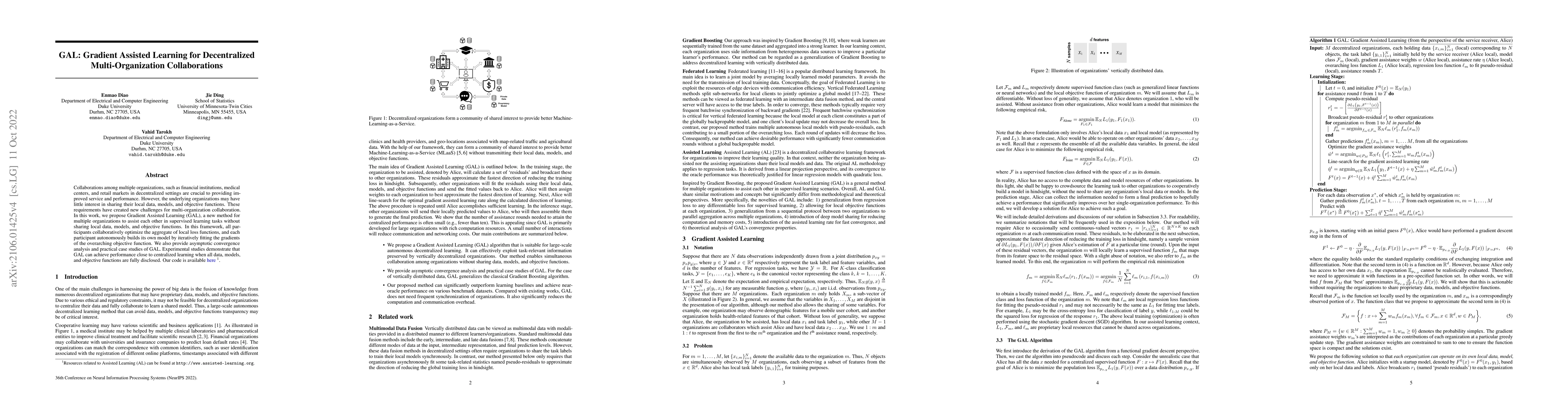 Thumbnail for GAL: Gradient Assisted Learning for Decentralized Multi-Organization
  Collaborations