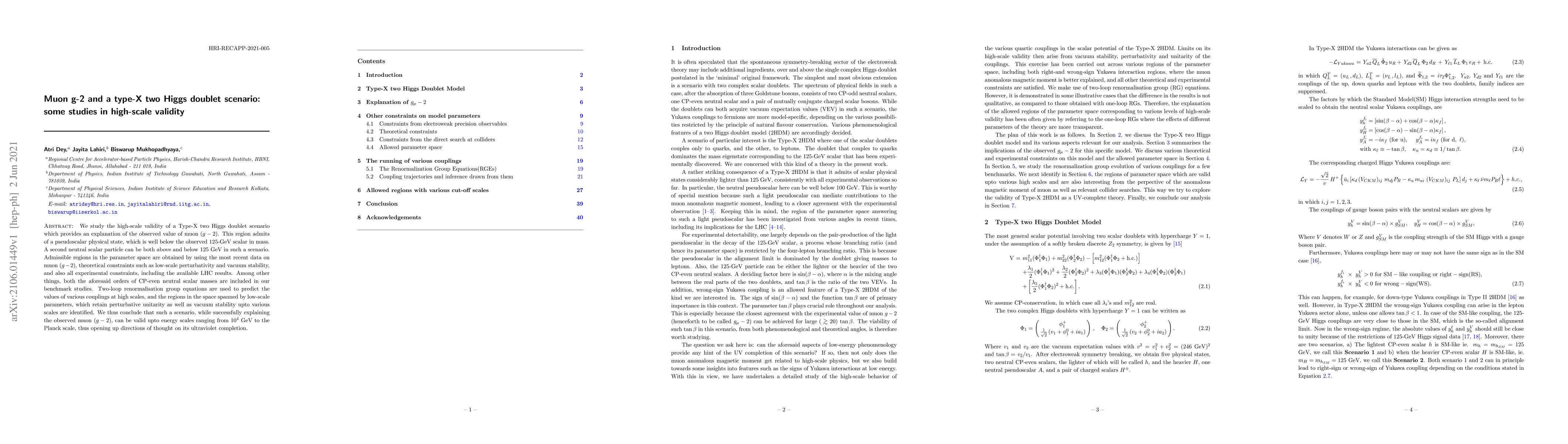Thumbnail for Muon g-2 and a type-X two Higgs doublet scenario: some studies in
  high-scale validity