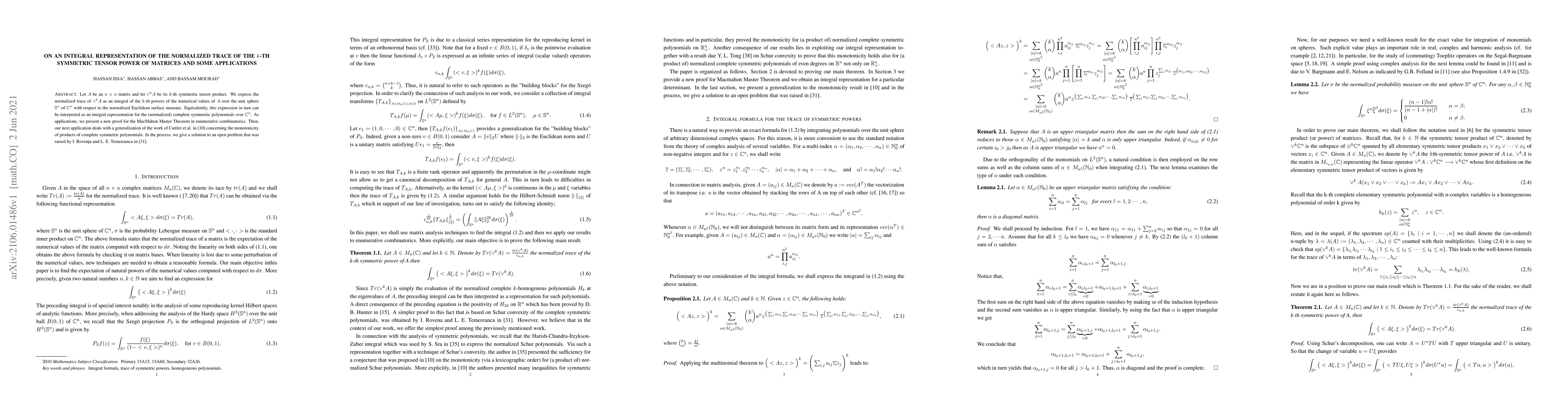 Thumbnail for On an integral representation of the normalized trace of the $k$-th
  symmetric tensor power of matrices and some applications