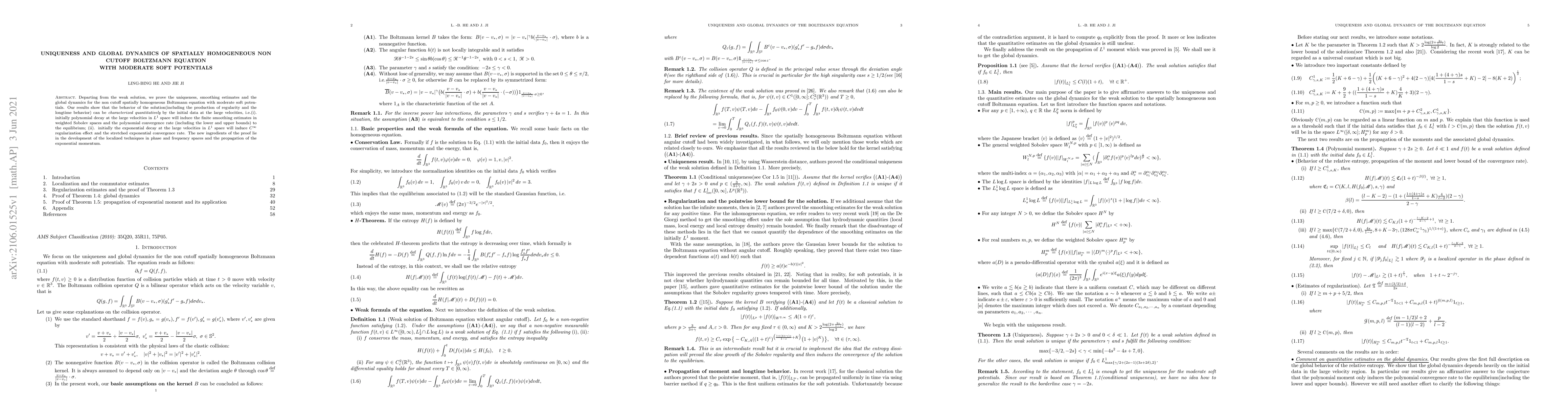 Thumbnail for Uniqueness and global dynamics of spatially homogeneous non cutoff
  Boltzmann equation with moderate soft potentials
