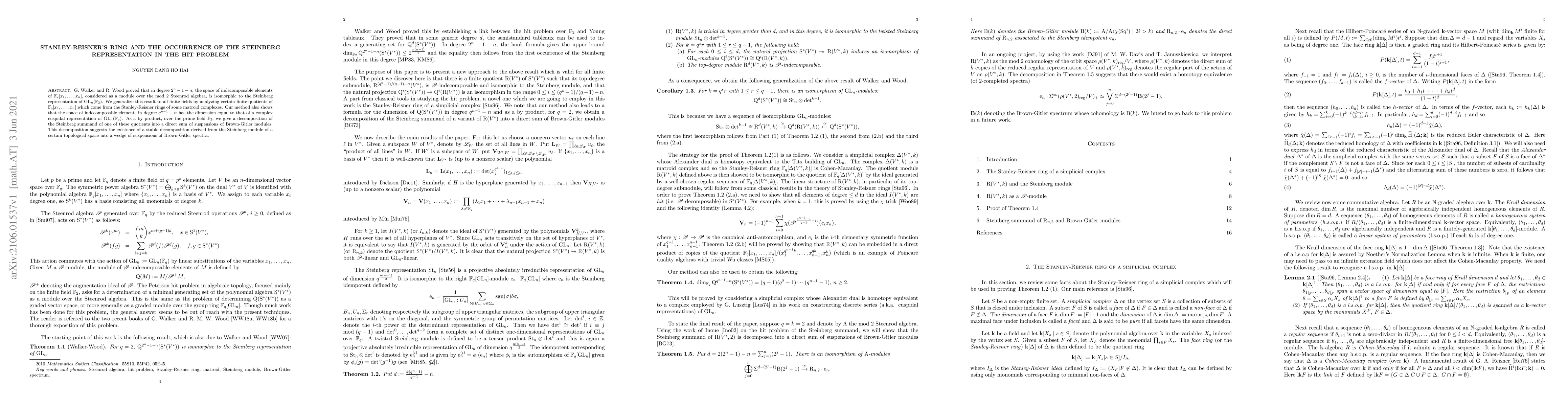 Thumbnail for Stanley-Reisner's ring and the occurrence of the Steinberg
  representation in the hit problem