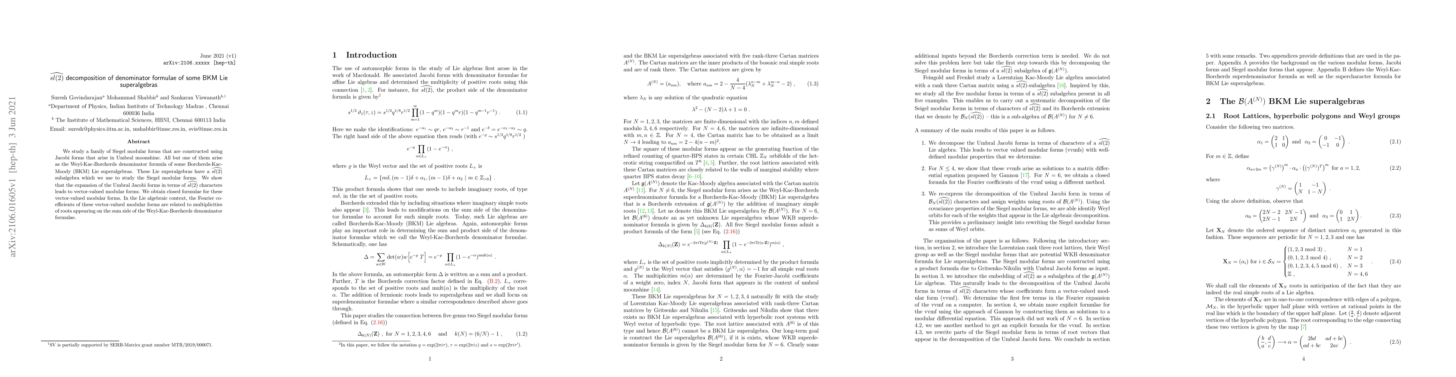 Thumbnail for $\widehat{sl(2)}$ decomposition of denominator formulae of some BKM Lie
  superalgebras