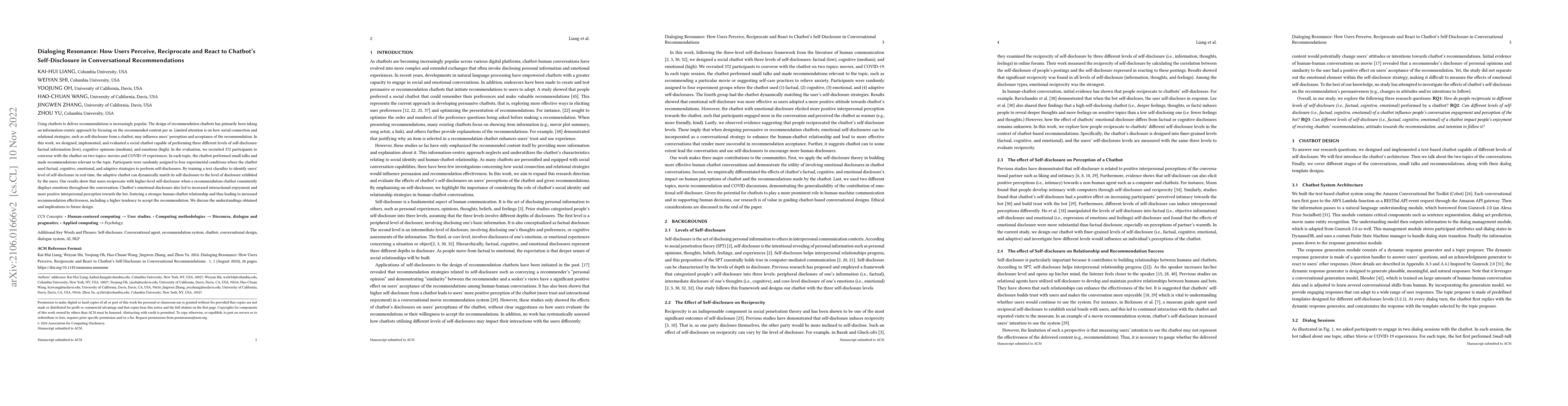 Thumbnail for Dialoging Resonance: How Users Perceive, Reciprocate and React to
  Chatbot's Self-Disclosure in Conversational Recommendations