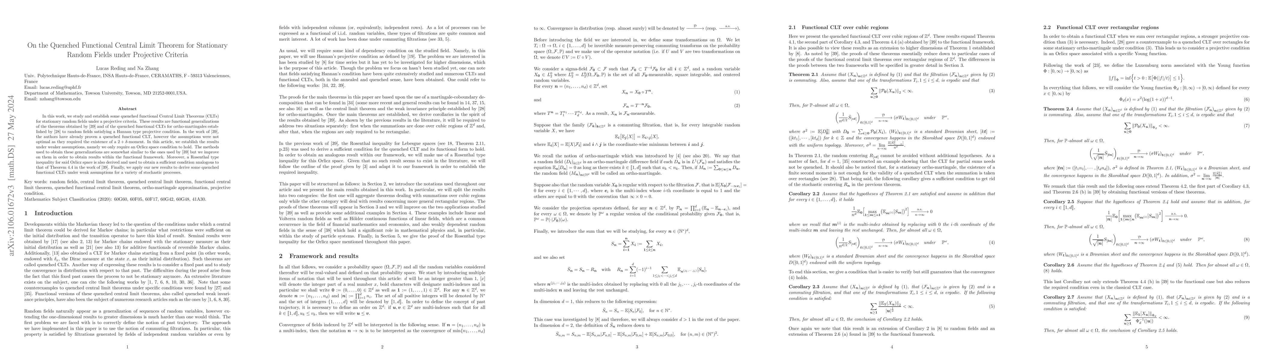 Thumbnail for On the Quenched Functional Central Limit Theorem for Stationary Random
  Fields under Projective Criteria