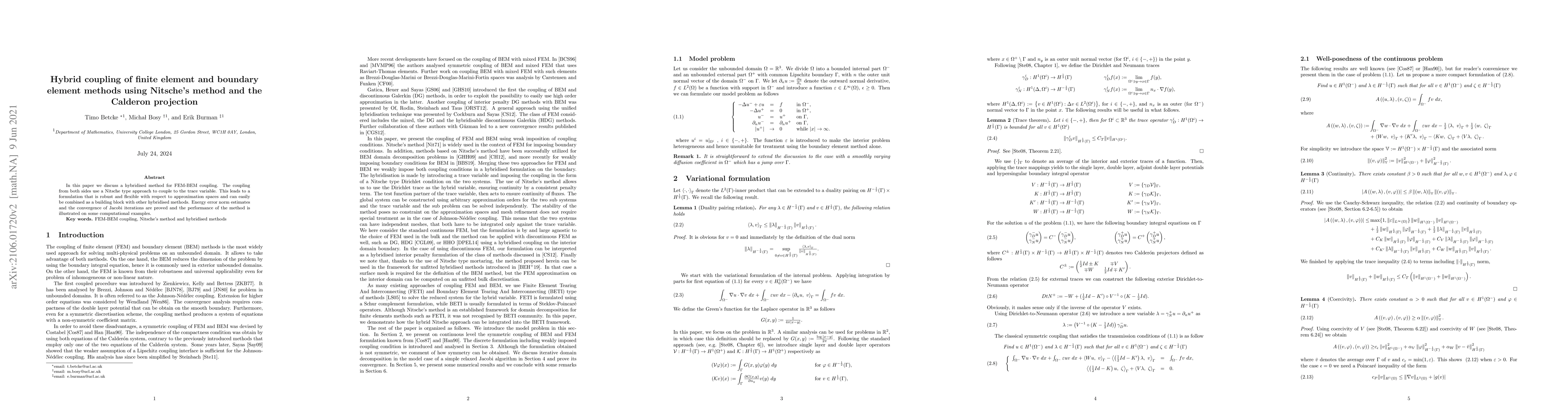 Thumbnail for Hybrid coupling of finite element and boundary element methods using
  Nitsche's method and the Calderon projection