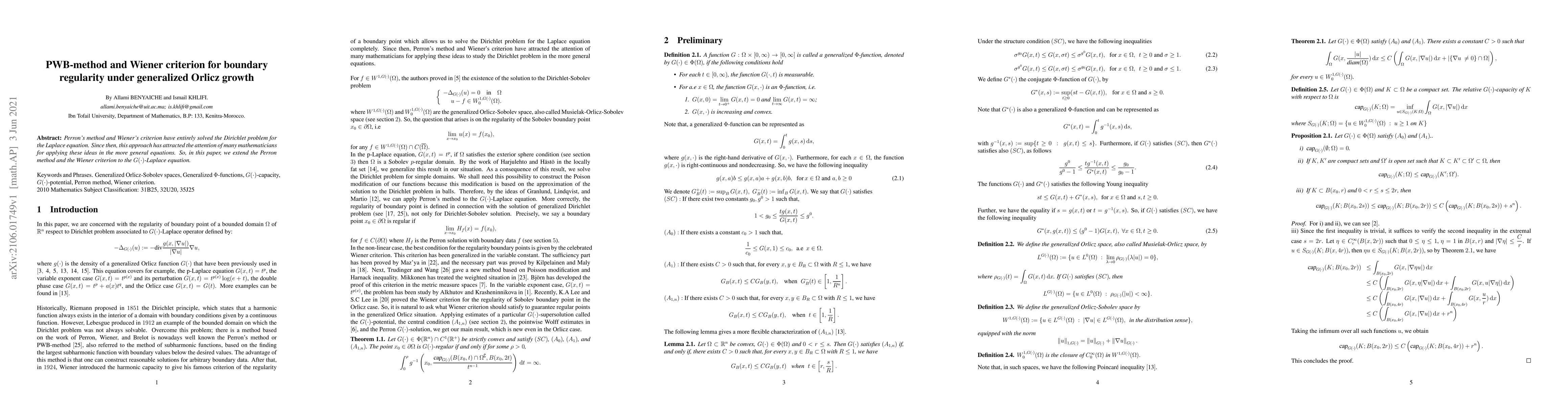 Thumbnail for PWB-method and Wiener criterion for boundary regularity under
  generalized Orlicz growth