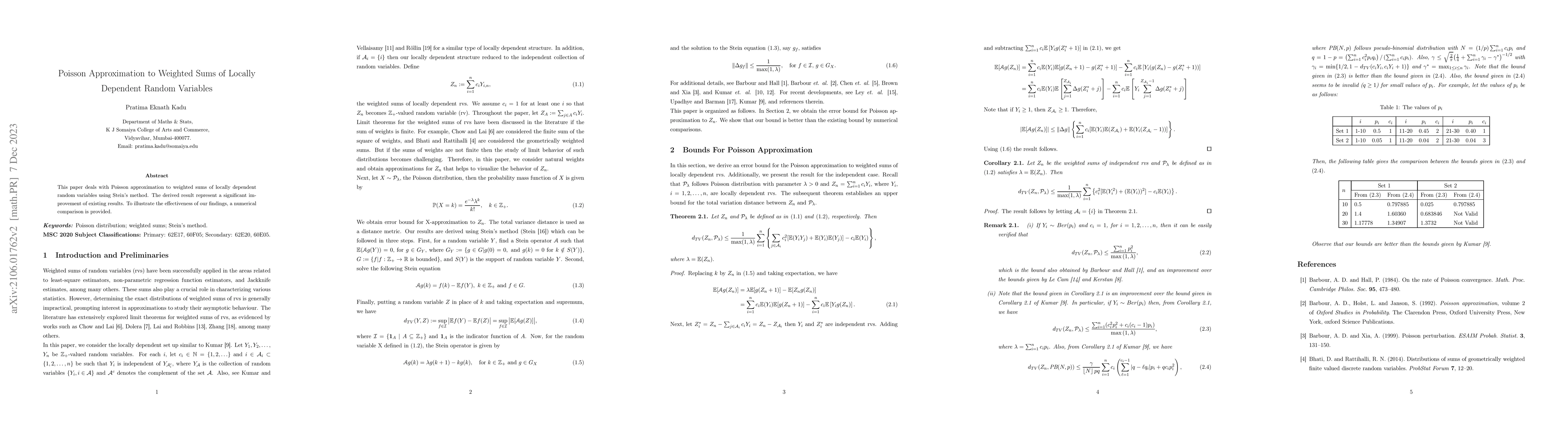 Thumbnail for Poisson Approximation to Weighted Sums of Locally Dependent Random
  Variables