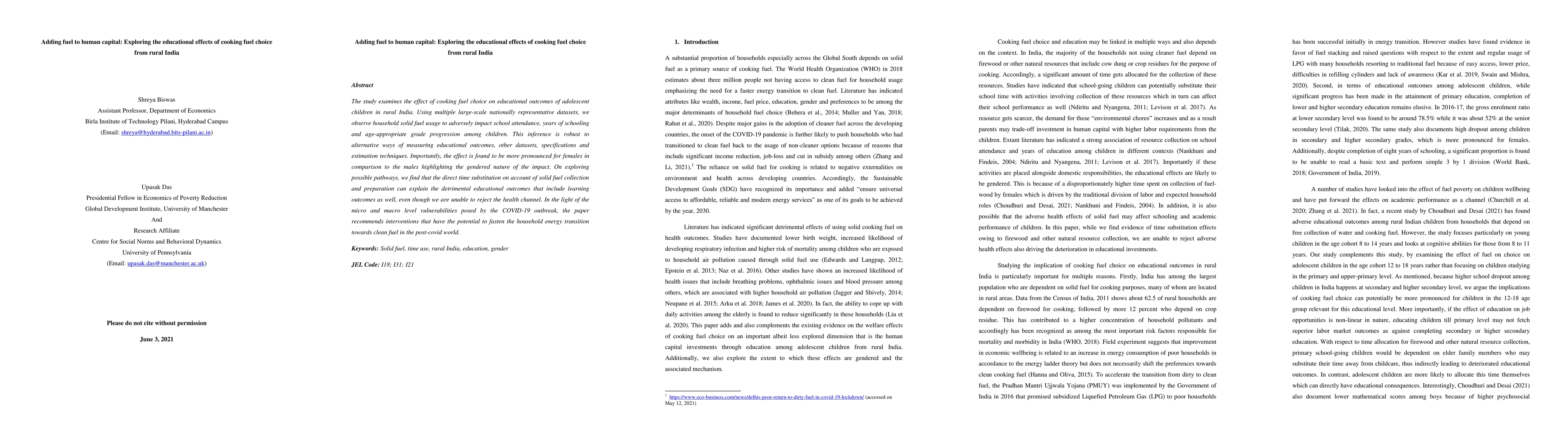 Thumbnail for Adding fuel to human capital: Exploring the educational effects of
  cooking fuel choice from rural India