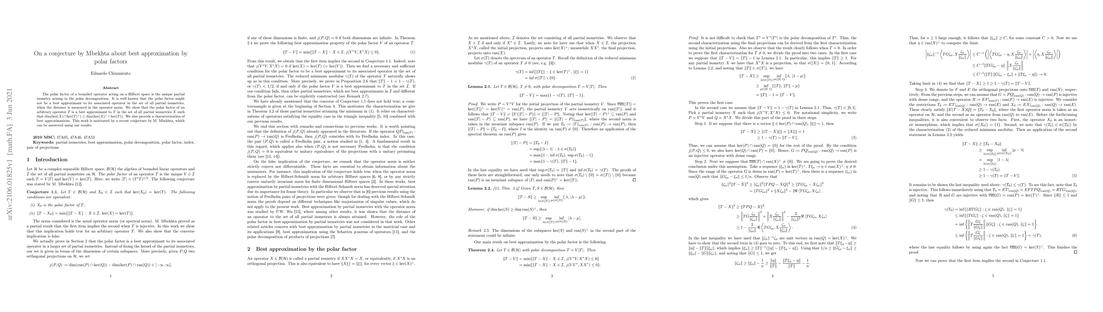 Thumbnail for On a conjecture by Mbekhta about best approximation by polar factors