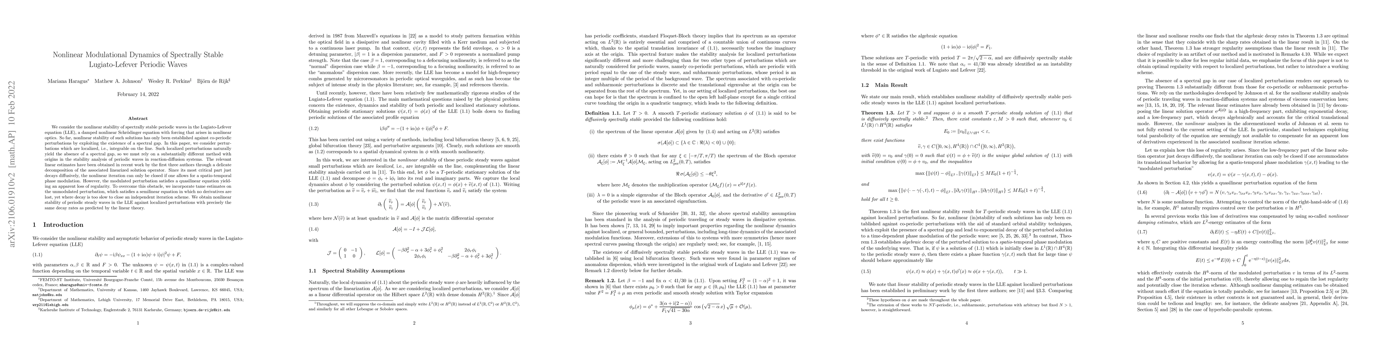 Thumbnail for Nonlinear Modulational Dynamics of Spectrally Stable Lugiato-Lefever
  Periodic Waves