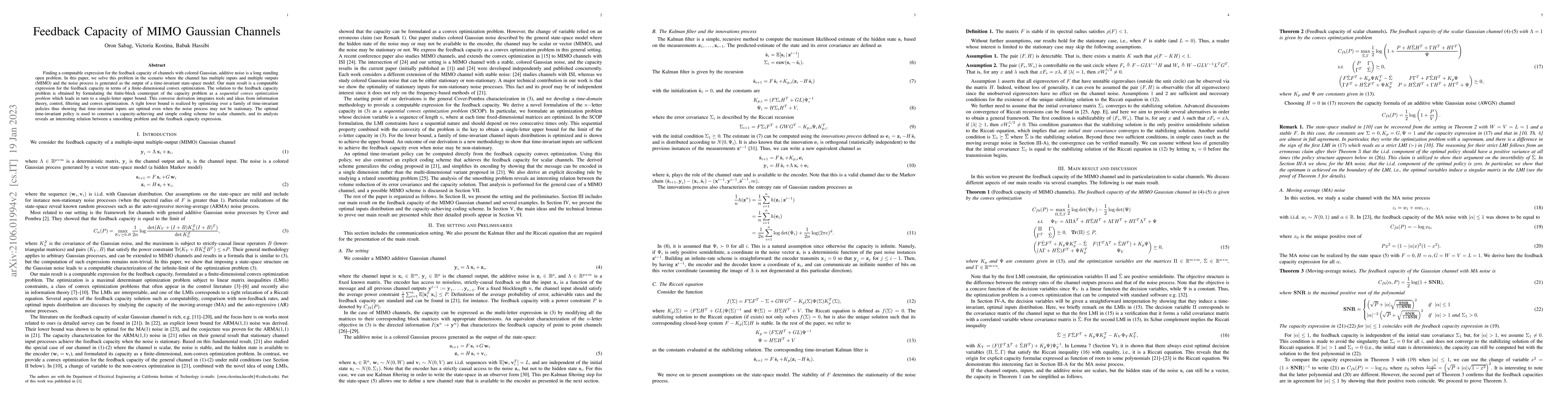 Thumbnail for Feedback Capacity of MIMO Gaussian Channels