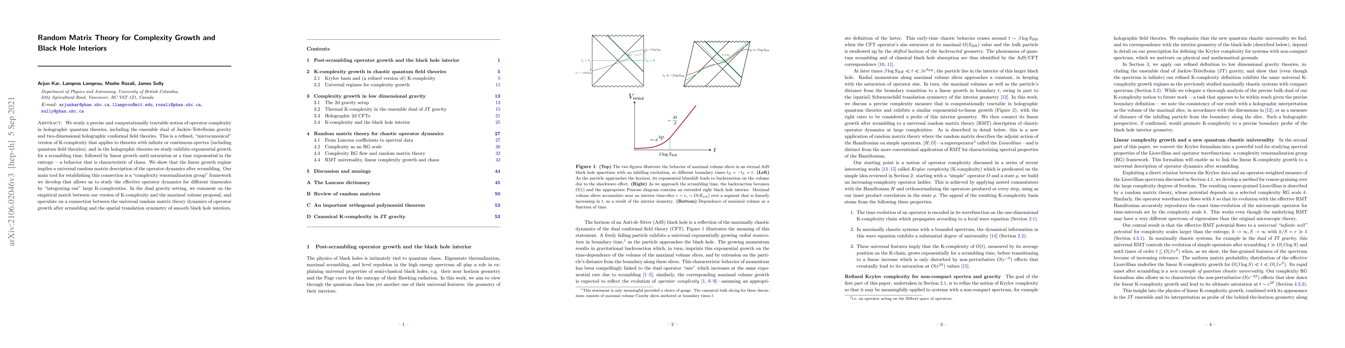 Thumbnail for Random Matrix Theory for Complexity Growth and Black Hole Interiors