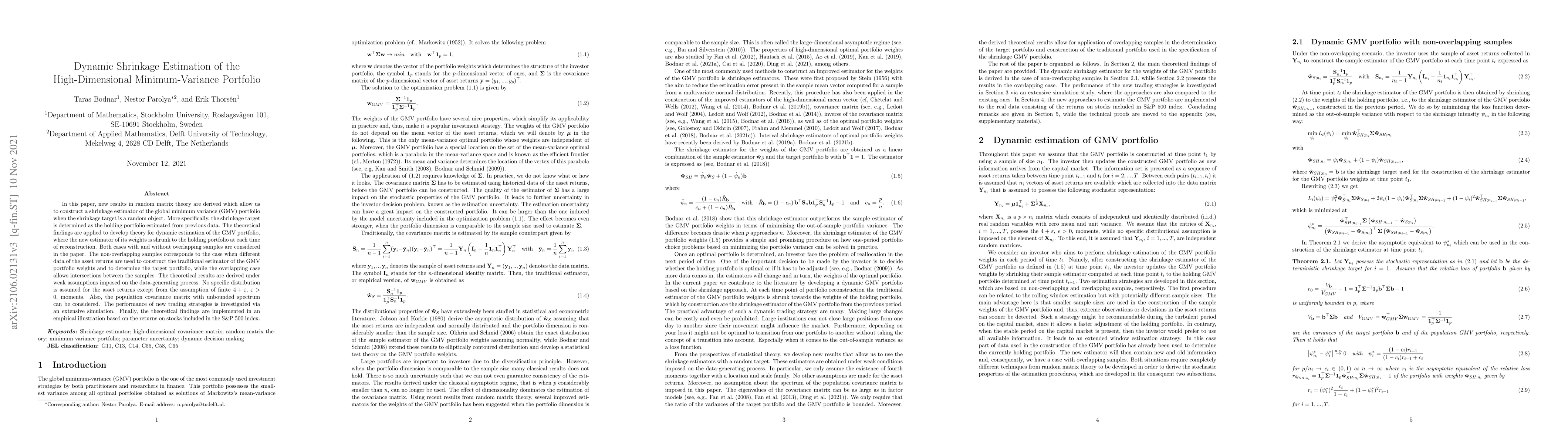 Thumbnail for Dynamic Shrinkage Estimation of the High-Dimensional Minimum-Variance
  Portfolio