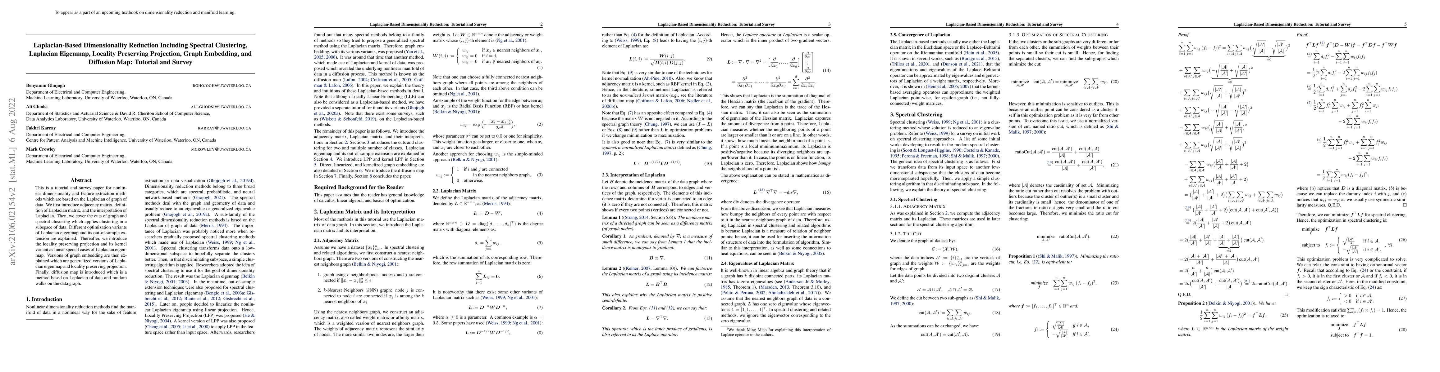 Thumbnail for Laplacian-Based Dimensionality Reduction Including Spectral Clustering,
  Laplacian Eigenmap, Locality Preserving Projection, Graph Embedding, and
  Diffusion Map: Tutorial and Survey