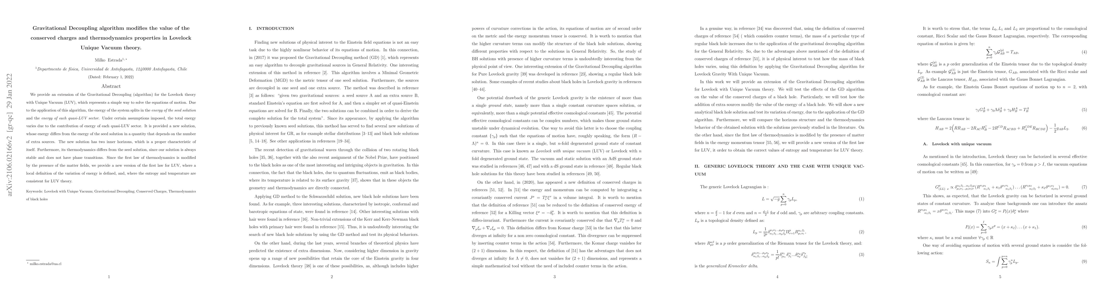 Thumbnail for Gravitational Decoupling algorithm modifies the value of the conserved
  charges and thermodynamics properties in Lovelock Unique Vacuum theory