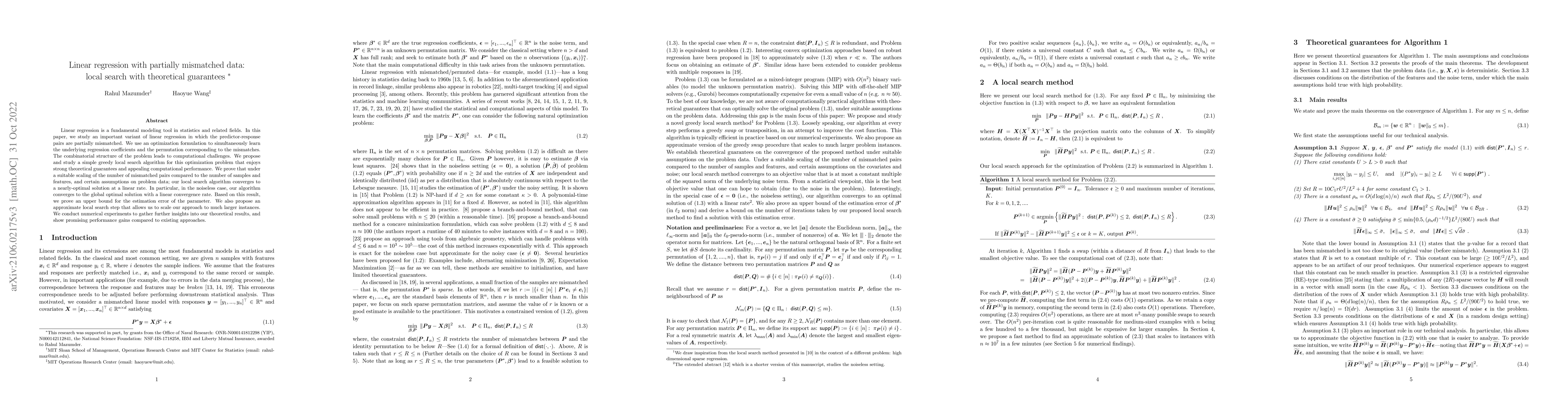 Thumbnail for Linear regression with partially mismatched data: local search with
  theoretical guarantees