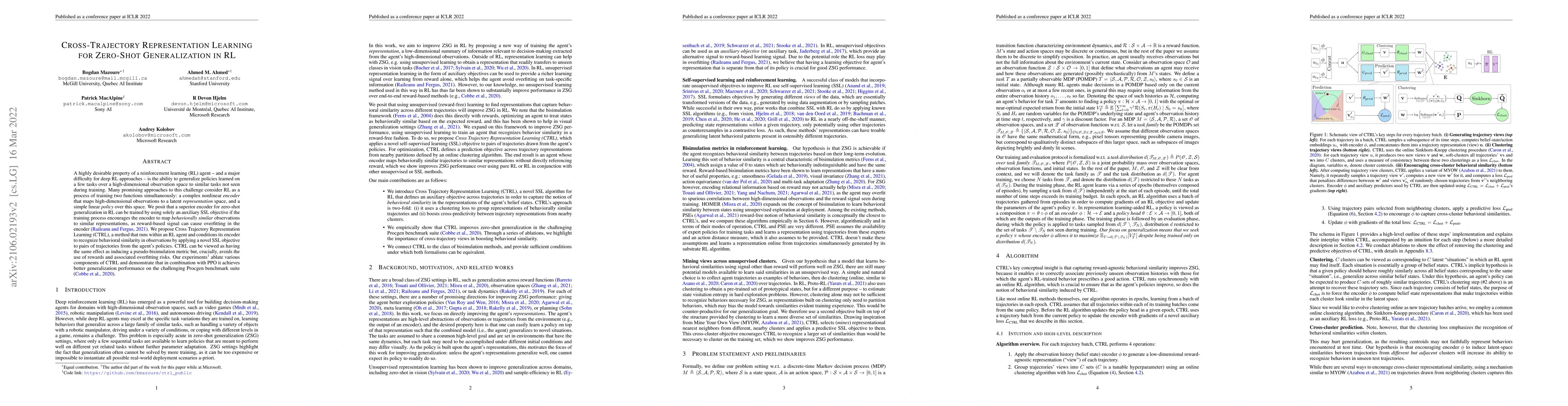 Thumbnail for Cross-Trajectory Representation Learning for Zero-Shot Generalization in
  RL