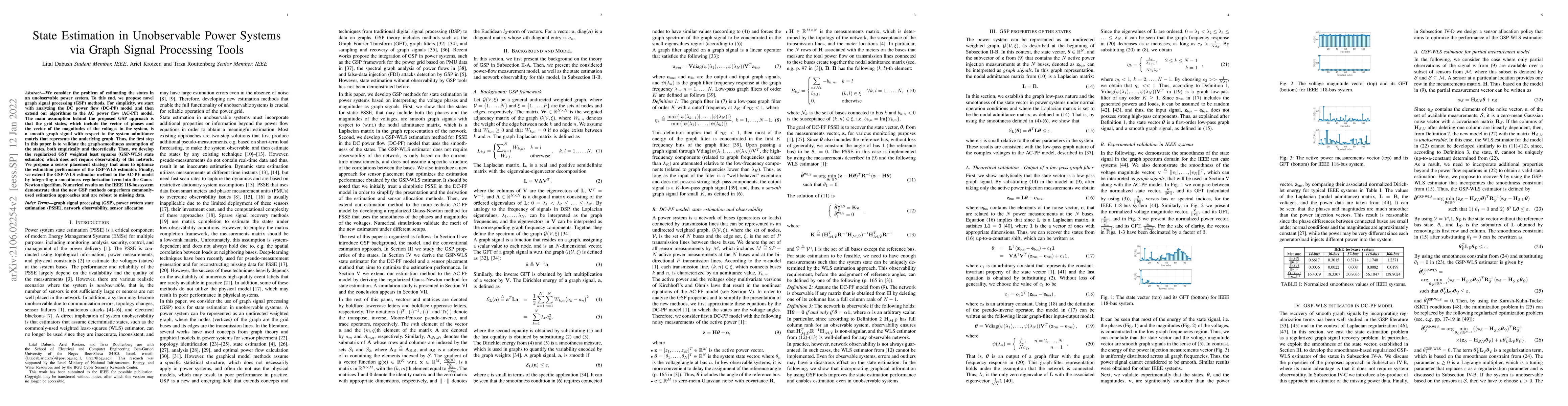 Thumbnail for State Estimation in Unobservable Power Systems via Graph Signal
  Processing Tools