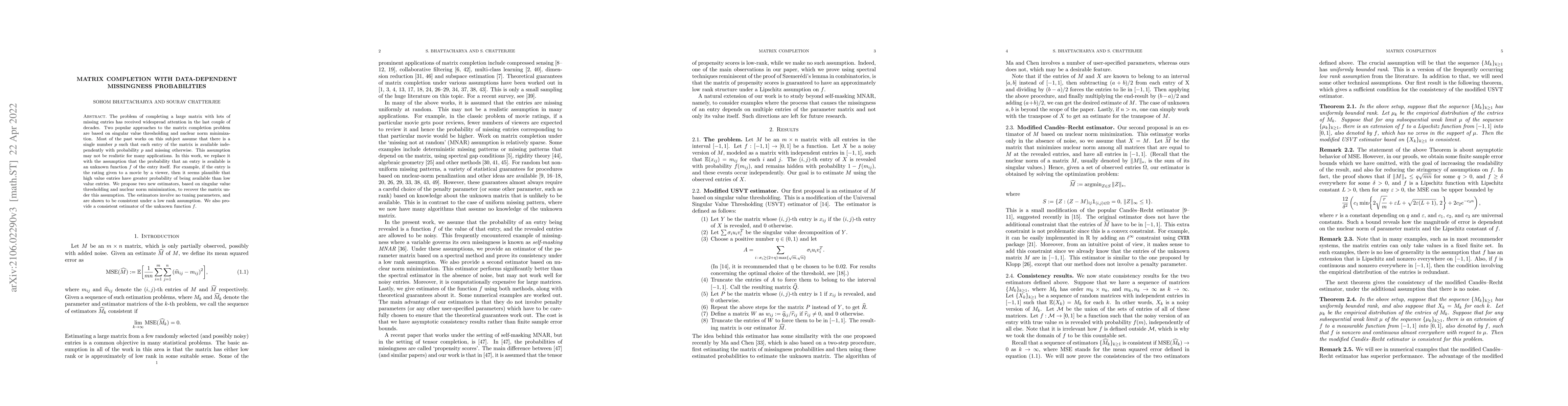 Thumbnail for Matrix completion with data-dependent missingness probabilities