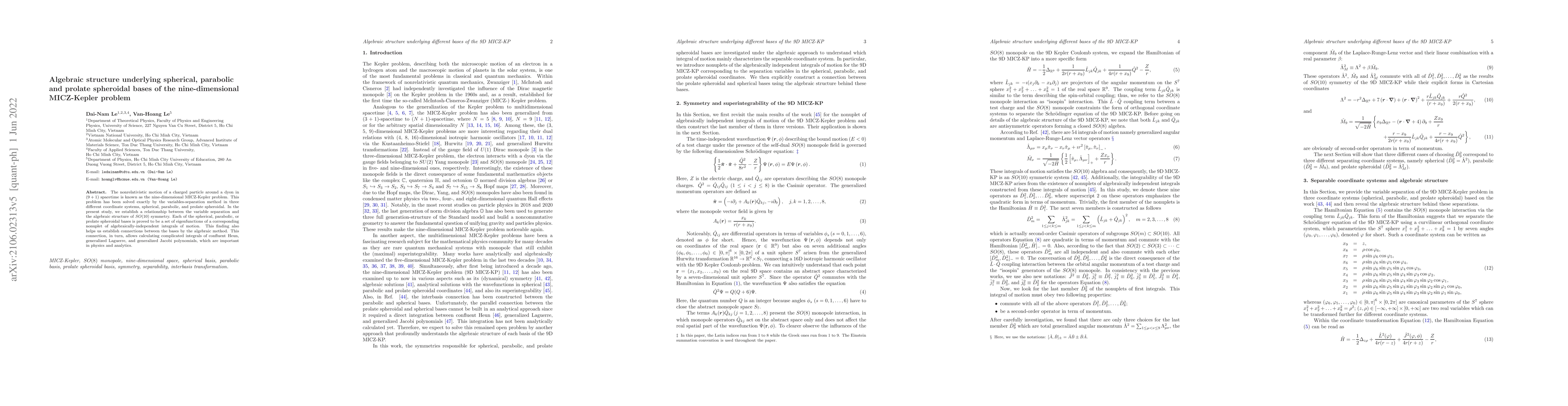Thumbnail for Algebraic structure underlying spherical, parabolic and prolate
  spheroidal bases of the nine-dimensional MICZ-Kepler problem
