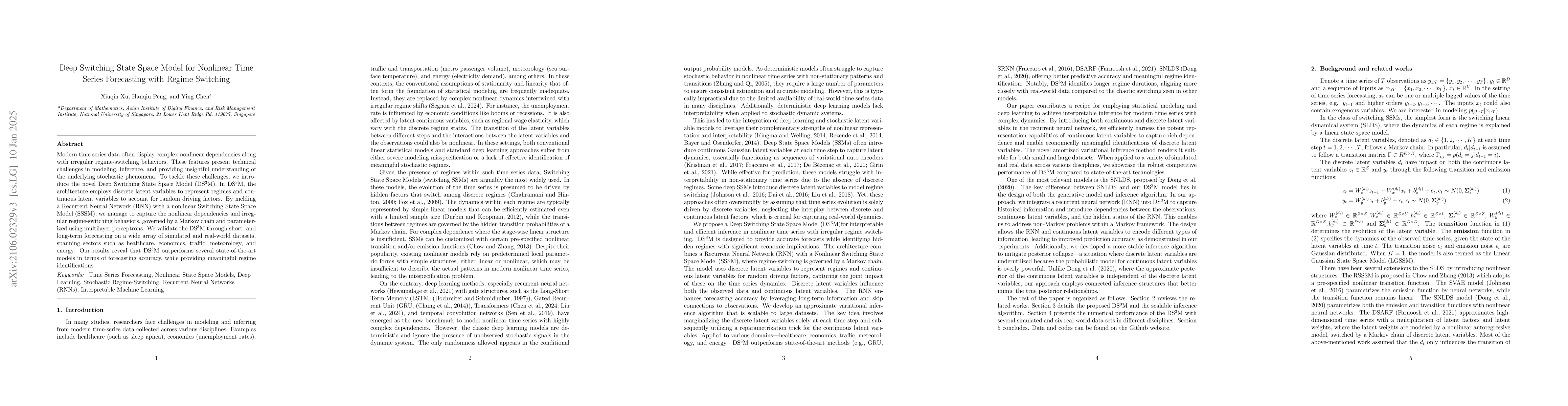 Thumbnail for Deep Switching State Space Model (DS$^3$M) for Nonlinear Time Series
  Forecasting with Regime Switching