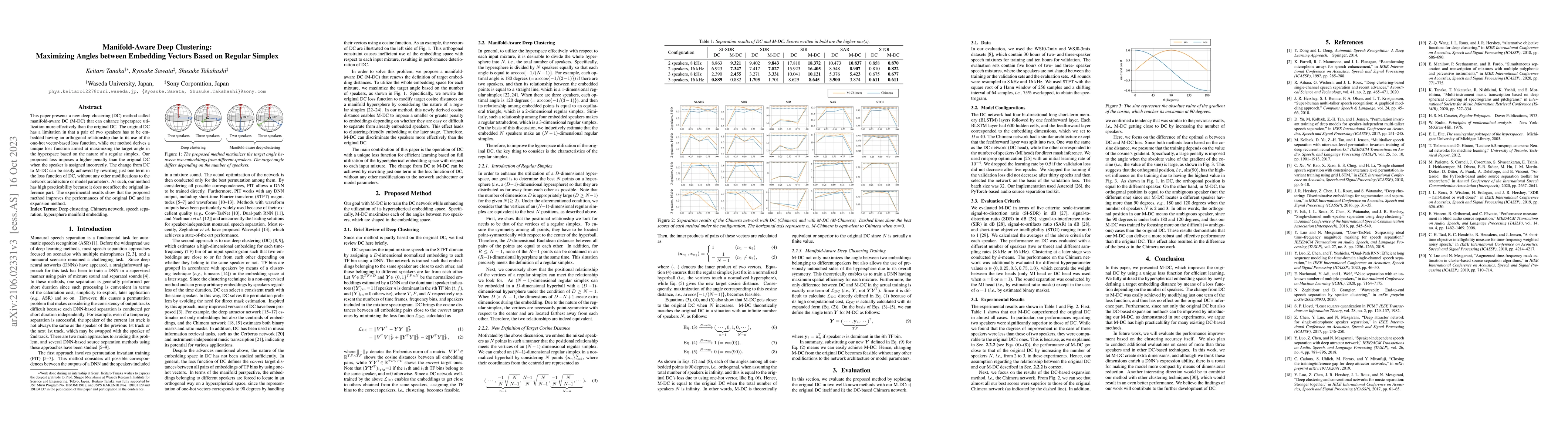 Thumbnail for Manifold-Aware Deep Clustering: Maximizing Angles between Embedding
  Vectors Based on Regular Simplex