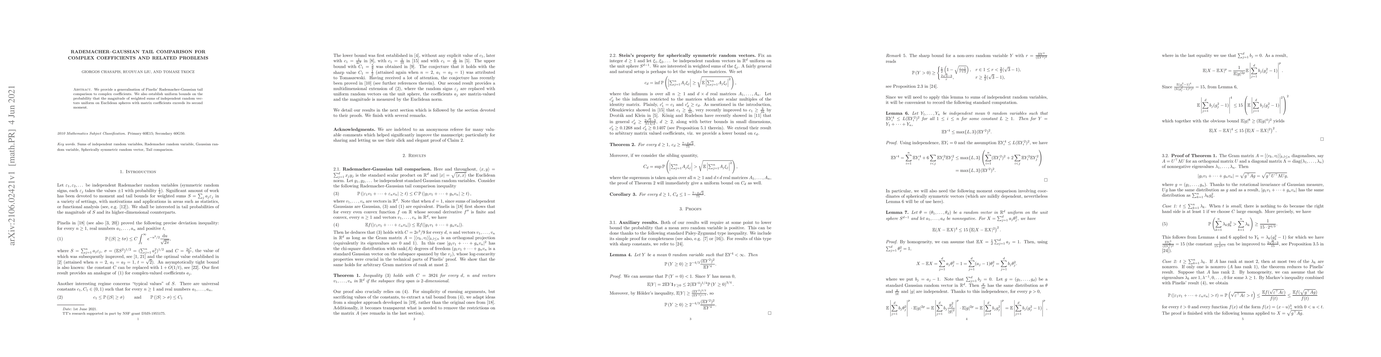 Thumbnail for Rademacher-Gaussian tail comparison for complex coefficients and related
  problems