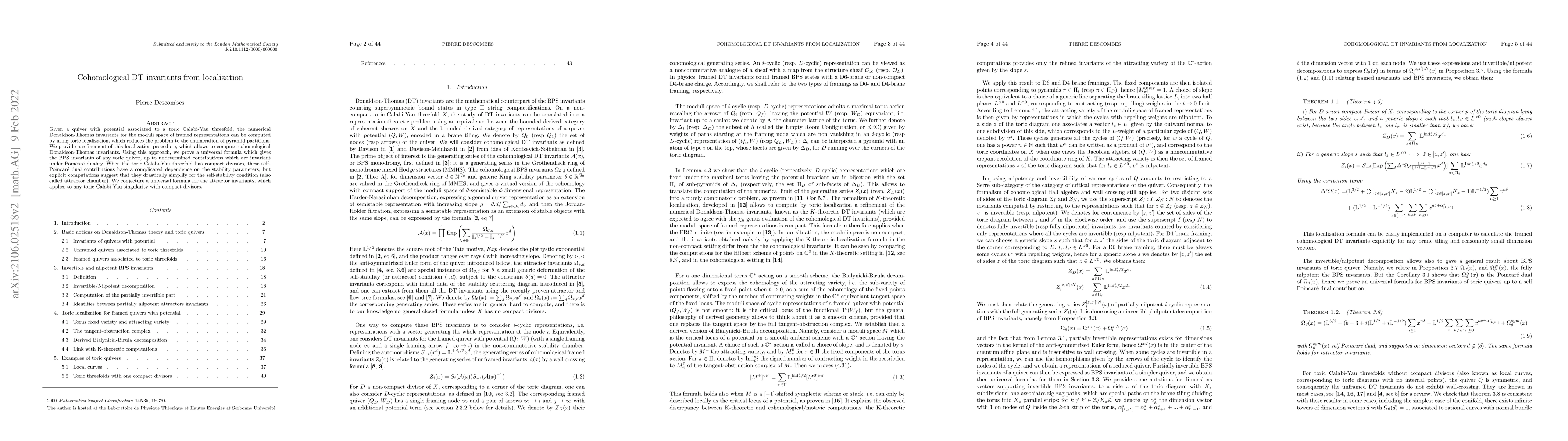 Thumbnail for Cohomological DT invariants from localization