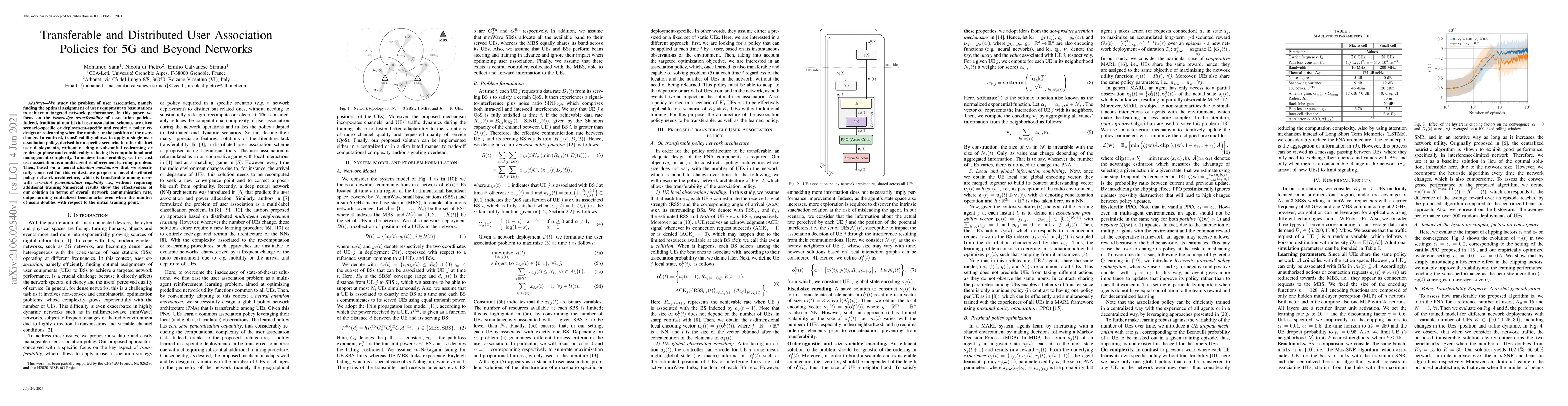 Thumbnail for Transferable and Distributed User Association Policies for 5G and Beyond
  Networks
