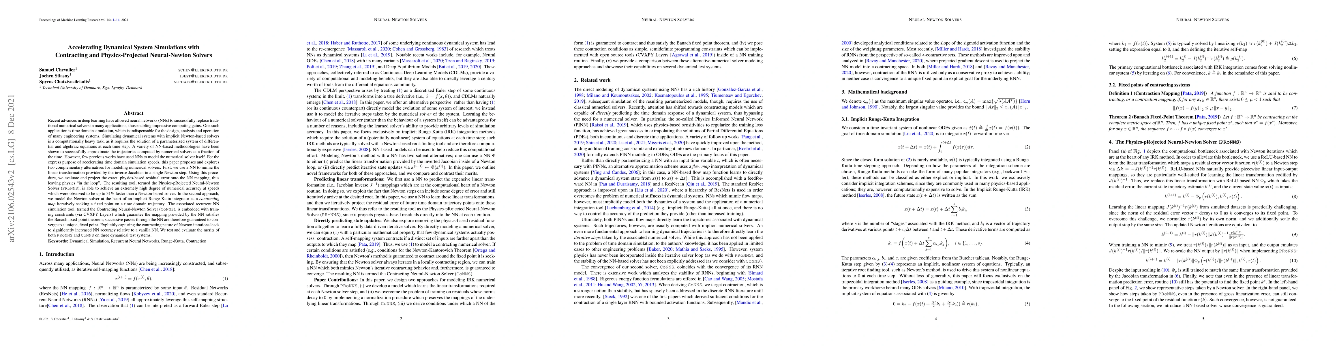 Thumbnail for Accelerating Dynamical System Simulations with Contracting and
  Physics-Projected Neural-Newton Solvers
