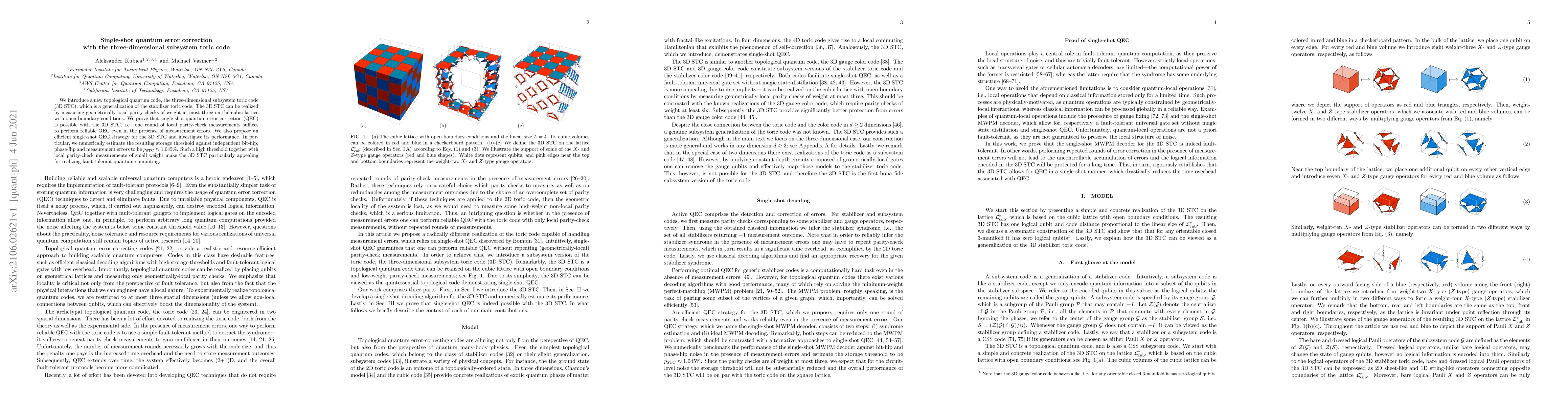 Thumbnail for Single-shot quantum error correction with the three-dimensional
  subsystem toric code