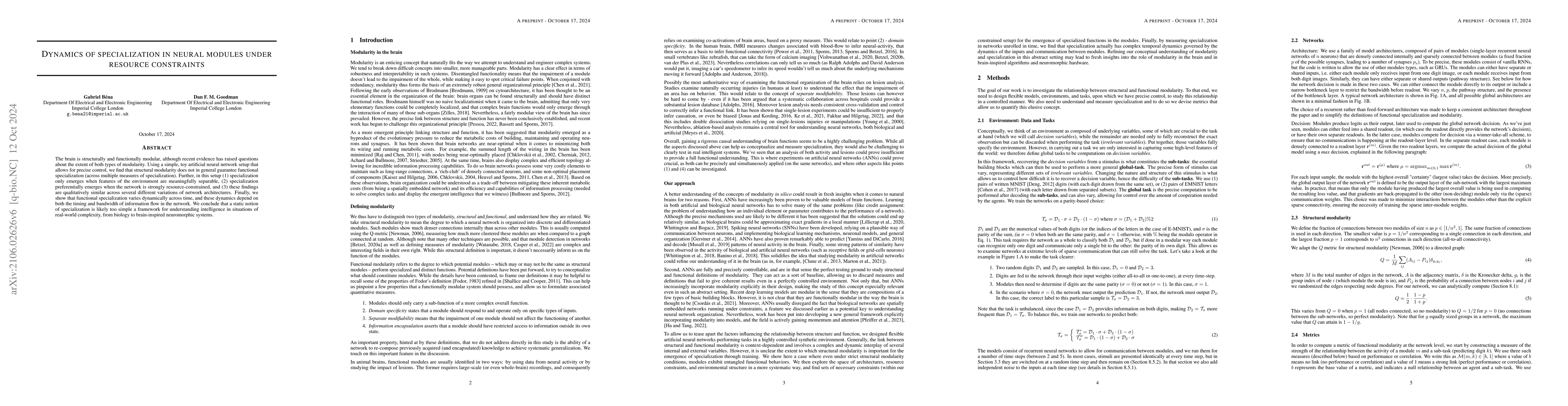 Thumbnail for Dynamics of specialization in neural modules under resource constraints