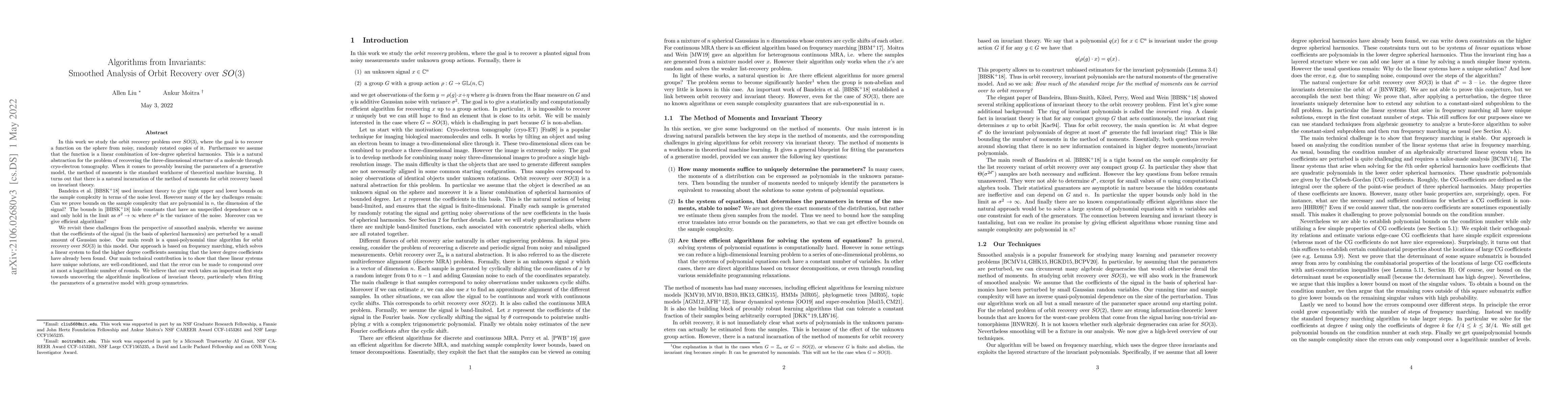 Thumbnail for Algorithms from Invariants: Smoothed Analysis of Orbit Recovery over
  $SO(3)$