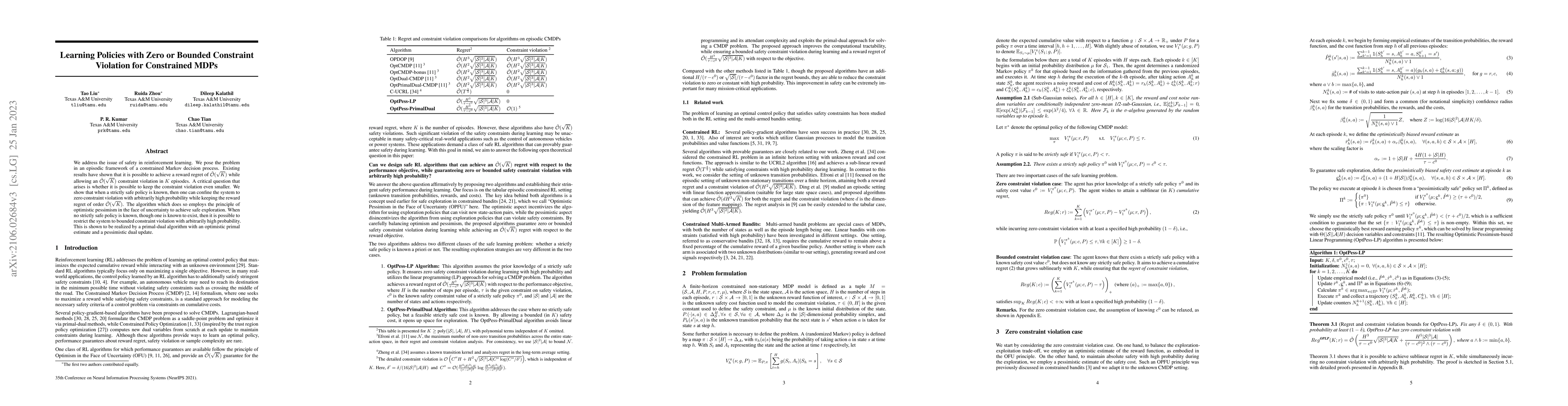 Thumbnail for Learning Policies with Zero or Bounded Constraint Violation for
  Constrained MDPs