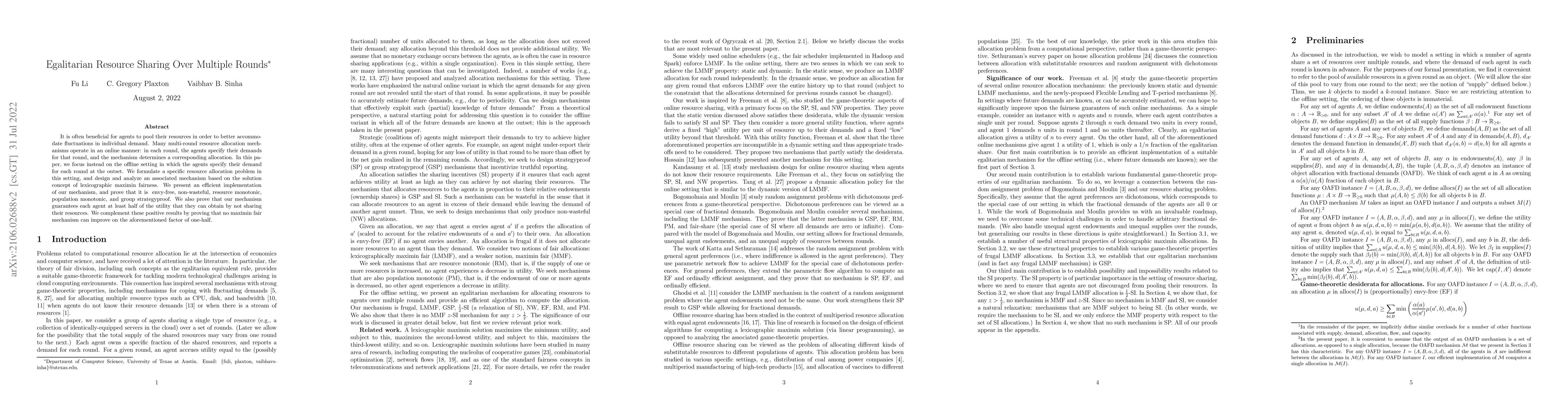 Thumbnail for Egalitarian Resource Sharing Over Multiple Rounds