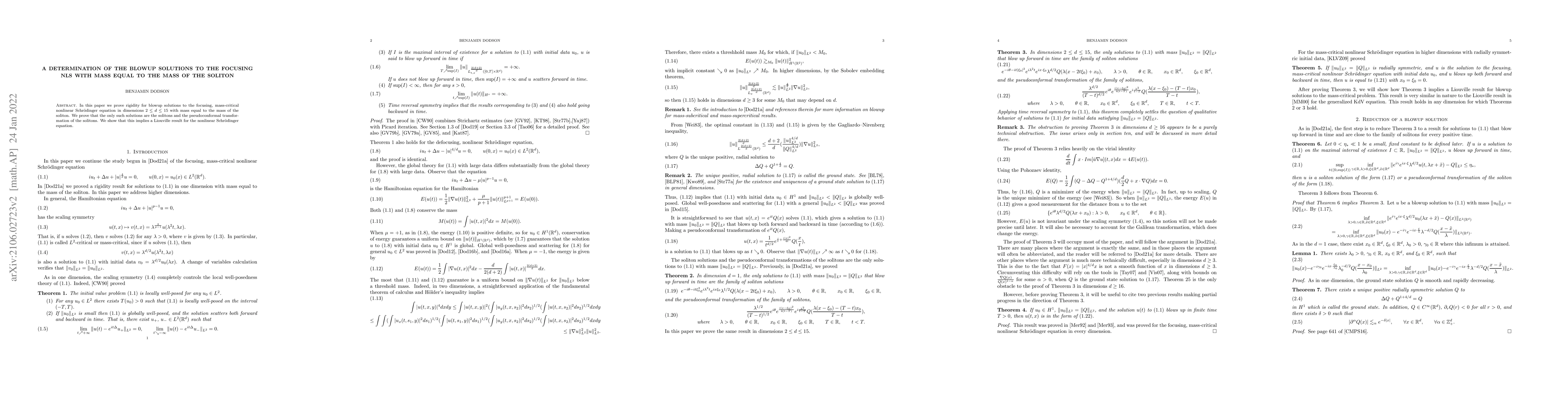 Thumbnail for A determination of the blowup solutions to the focusing NLS with mass
  equal to the mass of the soliton
