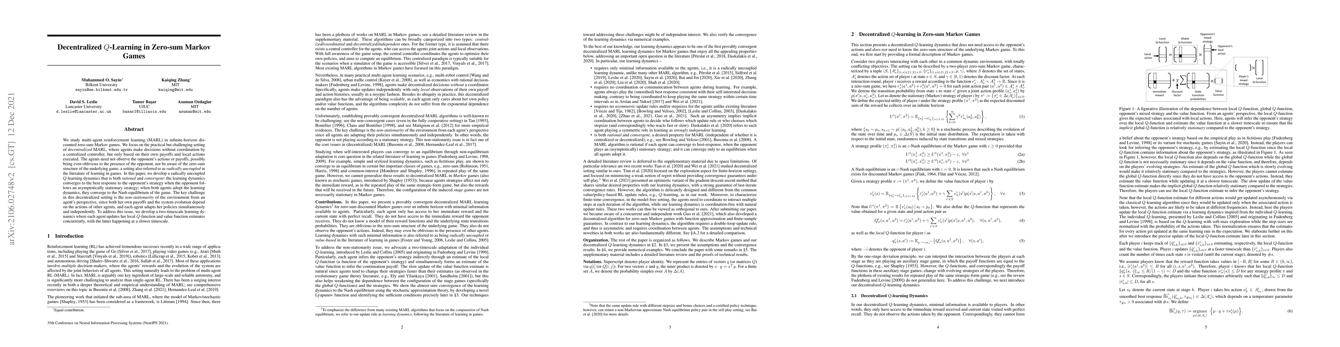 Thumbnail for Decentralized Q-Learning in Zero-sum Markov Games