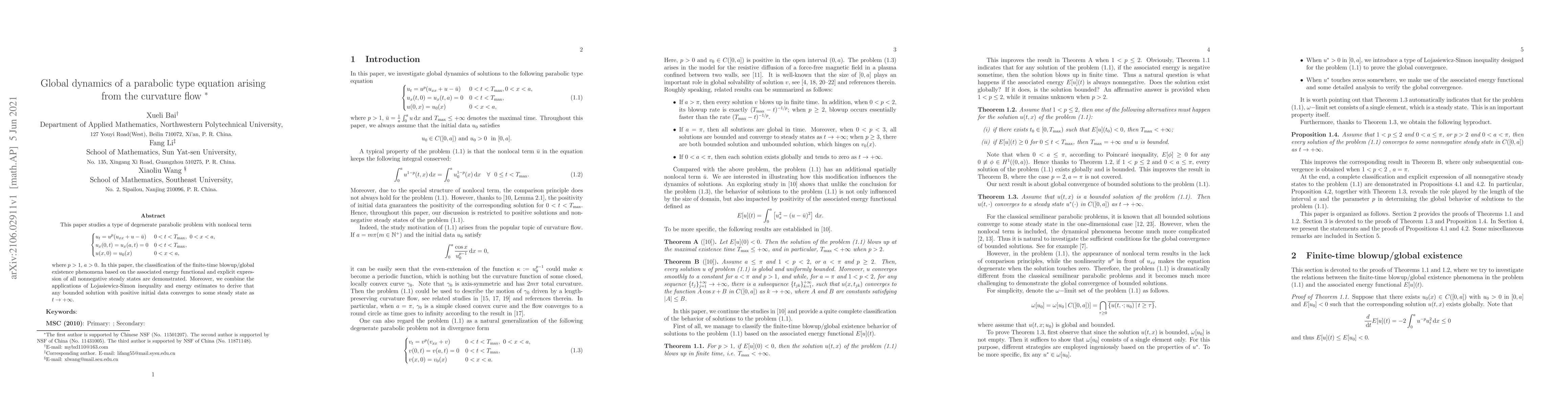 Thumbnail for Global dynamics of a parabolic type equation arising from the curvature
  flow