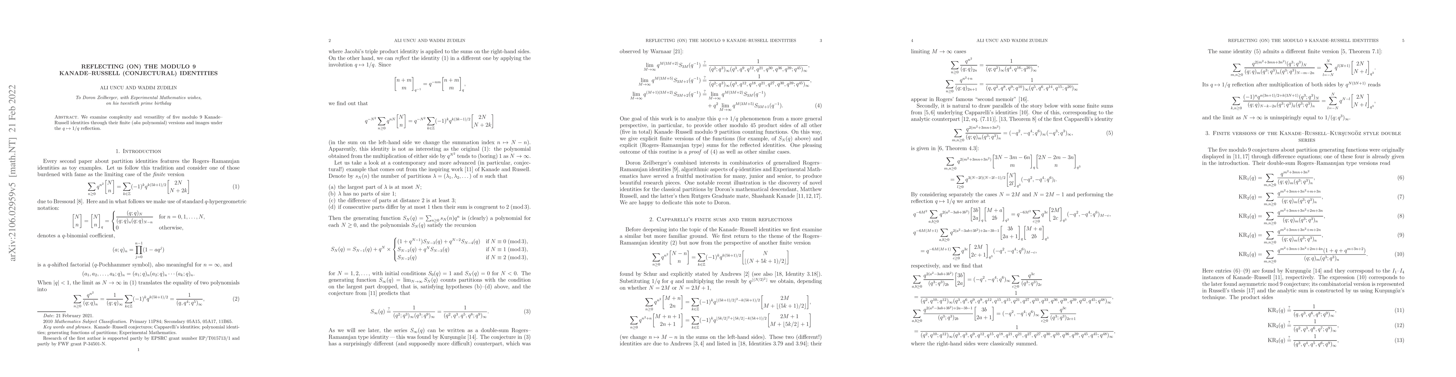 Thumbnail for Reflecting (on) the modulo 9 Kanade--Russell (conjectural) identities