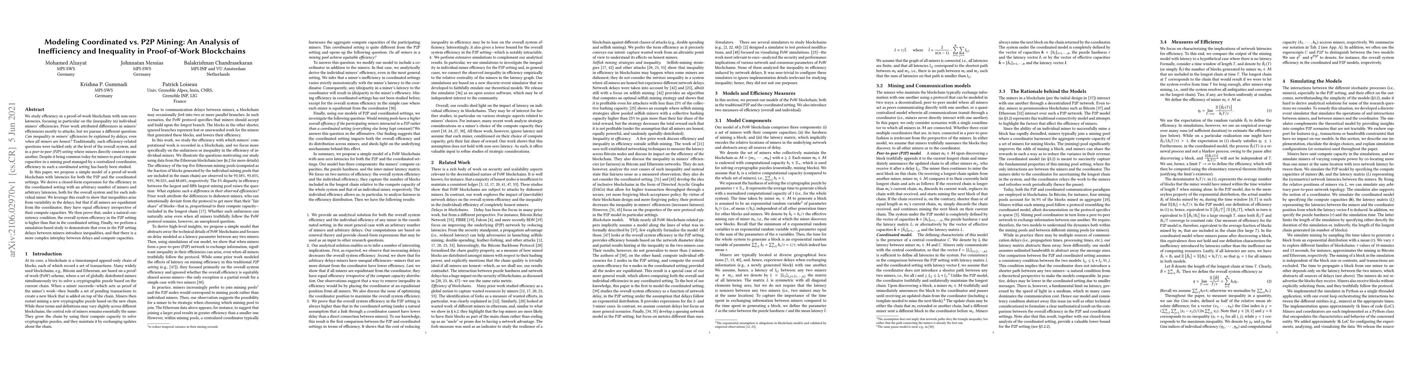 Thumbnail for Modeling Coordinated vs. P2P Mining: An Analysis of Inefficiency and
  Inequality in Proof-of-Work Blockchains