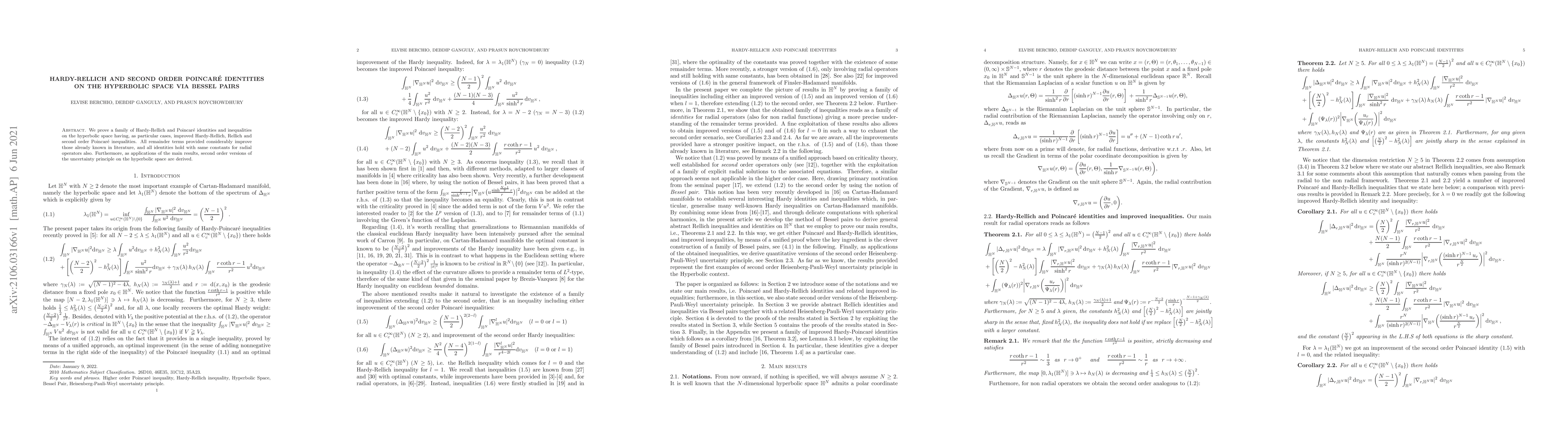Thumbnail for Hardy-Rellich and second order Poincar\'e identities on the hyperbolic
  space via Bessel pairs