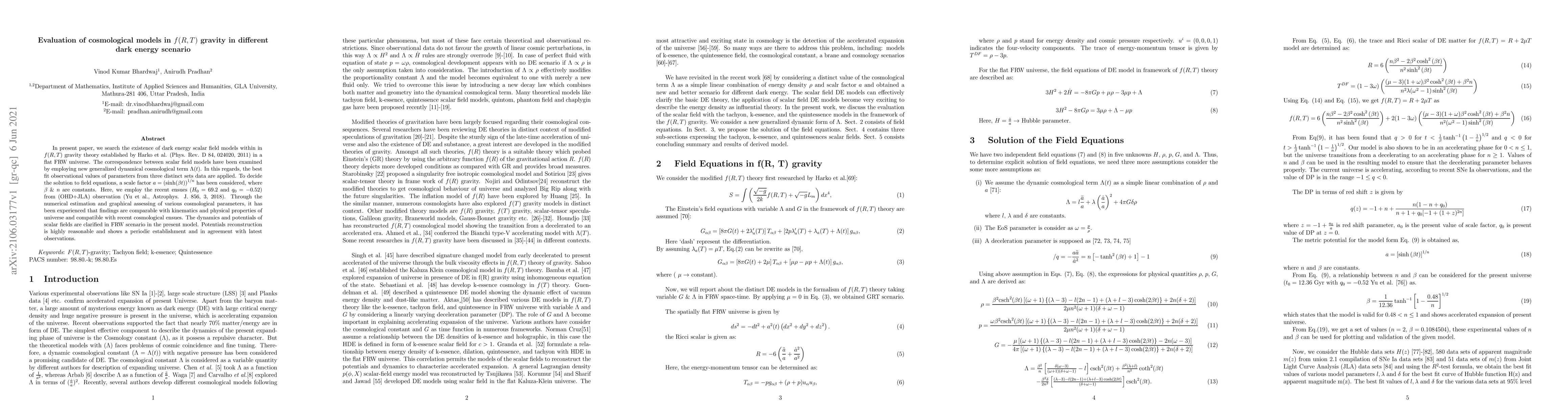 Thumbnail for Evaluation of cosmological models in $f(R, T)$ gravity in different dark
  energy scenario