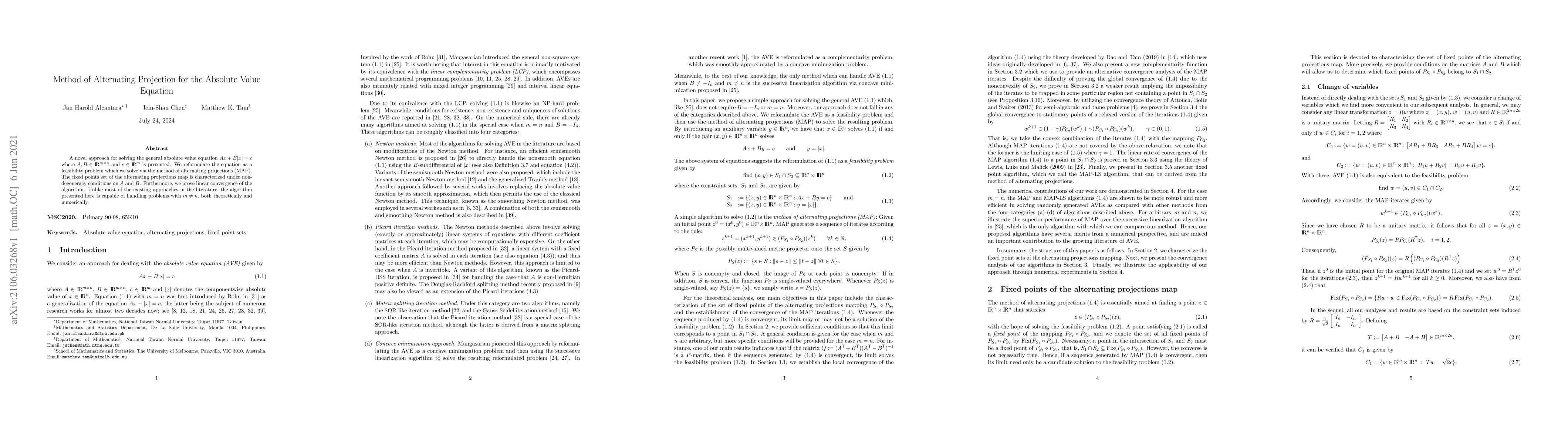 Thumbnail for Method of Alternating Projection for the Absolute Value Equation