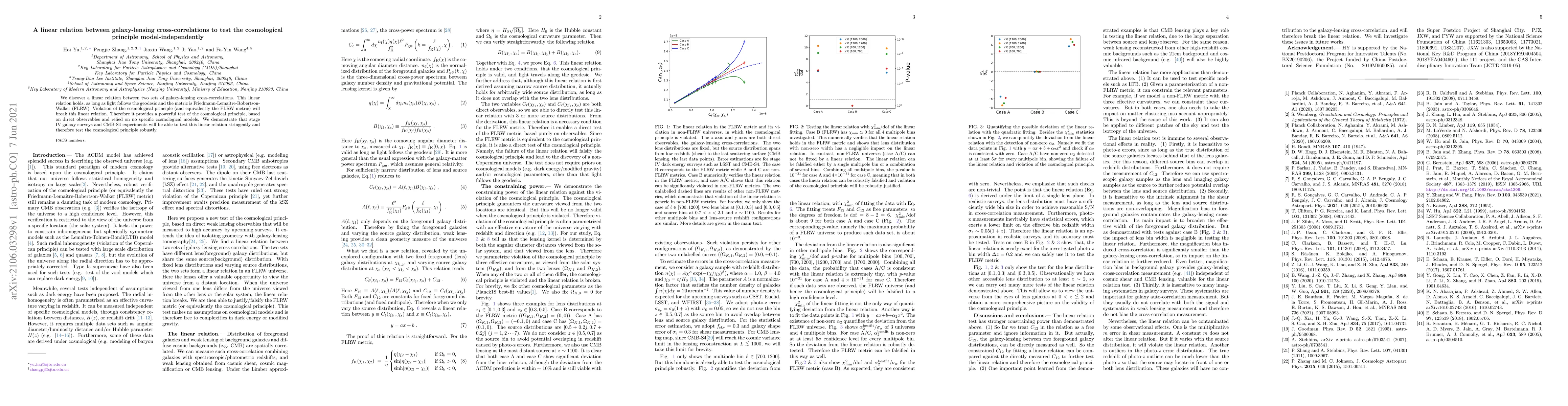 Thumbnail for A linear relation between galaxy-lensing cross-correlations to test the
  cosmological principle model-independently