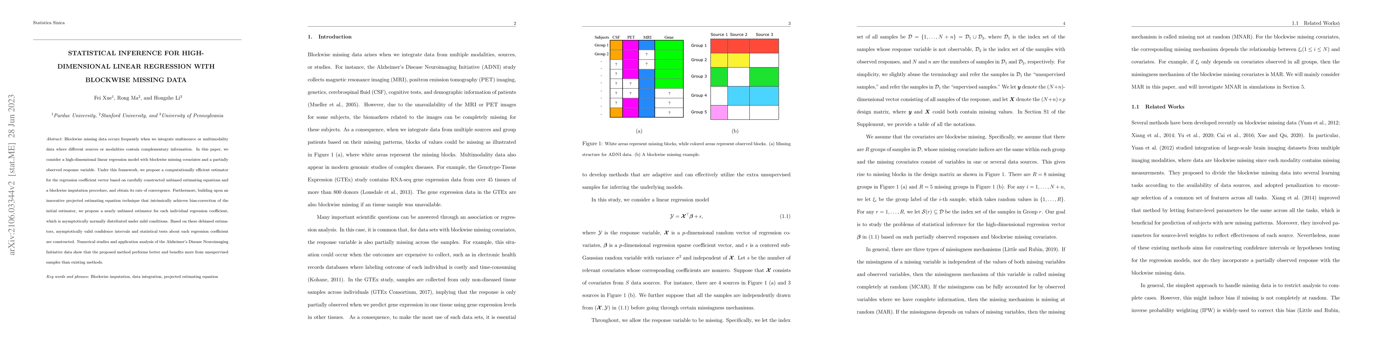 Thumbnail for Statistical Inference for High-Dimensional Linear Regression with
  Blockwise Missing Data