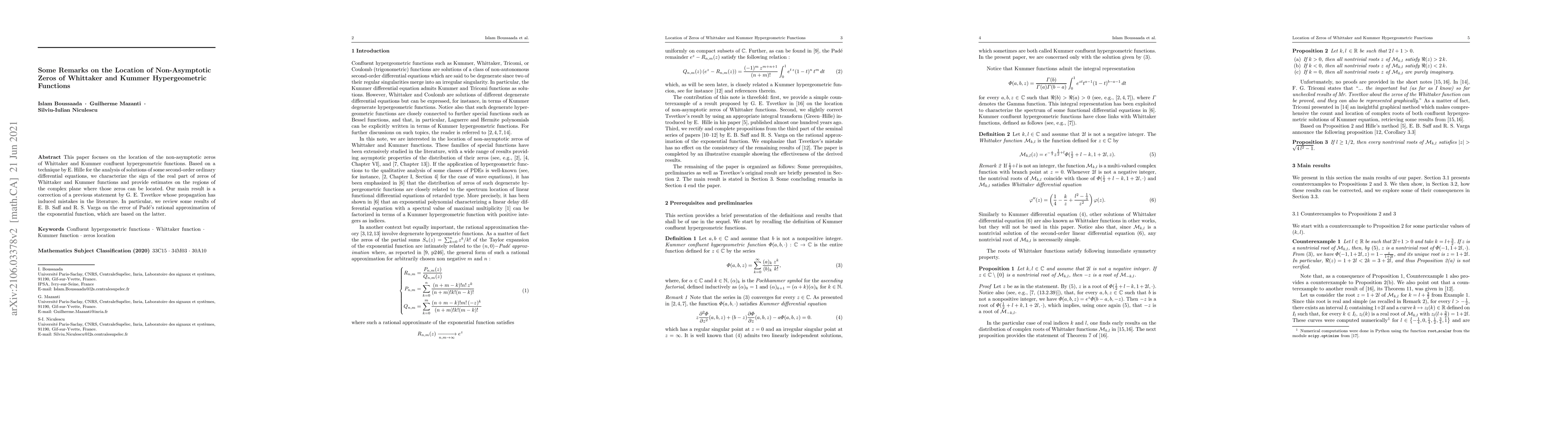 Thumbnail for Some Remarks on the Location of Non-Asymptotic Zeros of Whittaker and
  Kummer Hypergeometric Functions